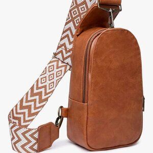 Tasha Camel Colored Vegan Leather Sling Bag With Decorative Adjustable Strap